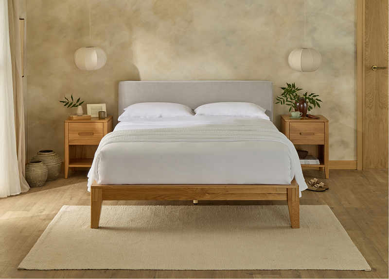 Wooden Bed Frame with Upholstered Headboard